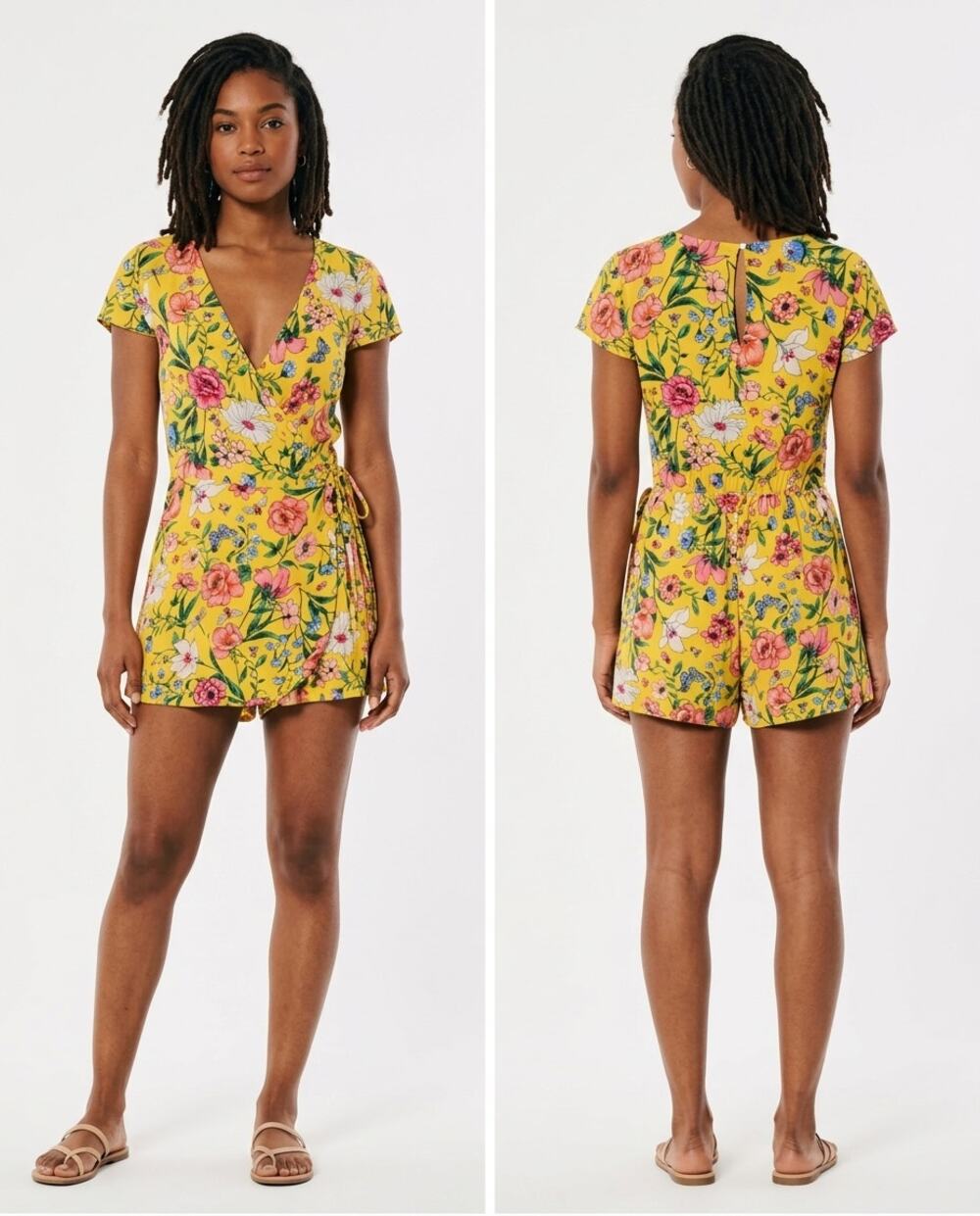 Hollister California Yellow Floral Wrap Short Sleeve Romper Women Size S